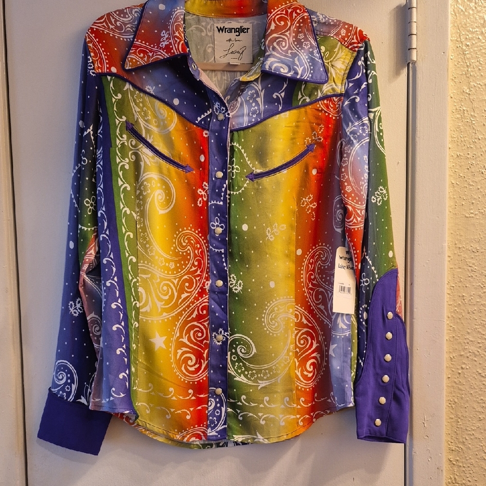 Wrangler Lainey Wilson Rainbow Bandana Print Western Shirt with Purple Accents
